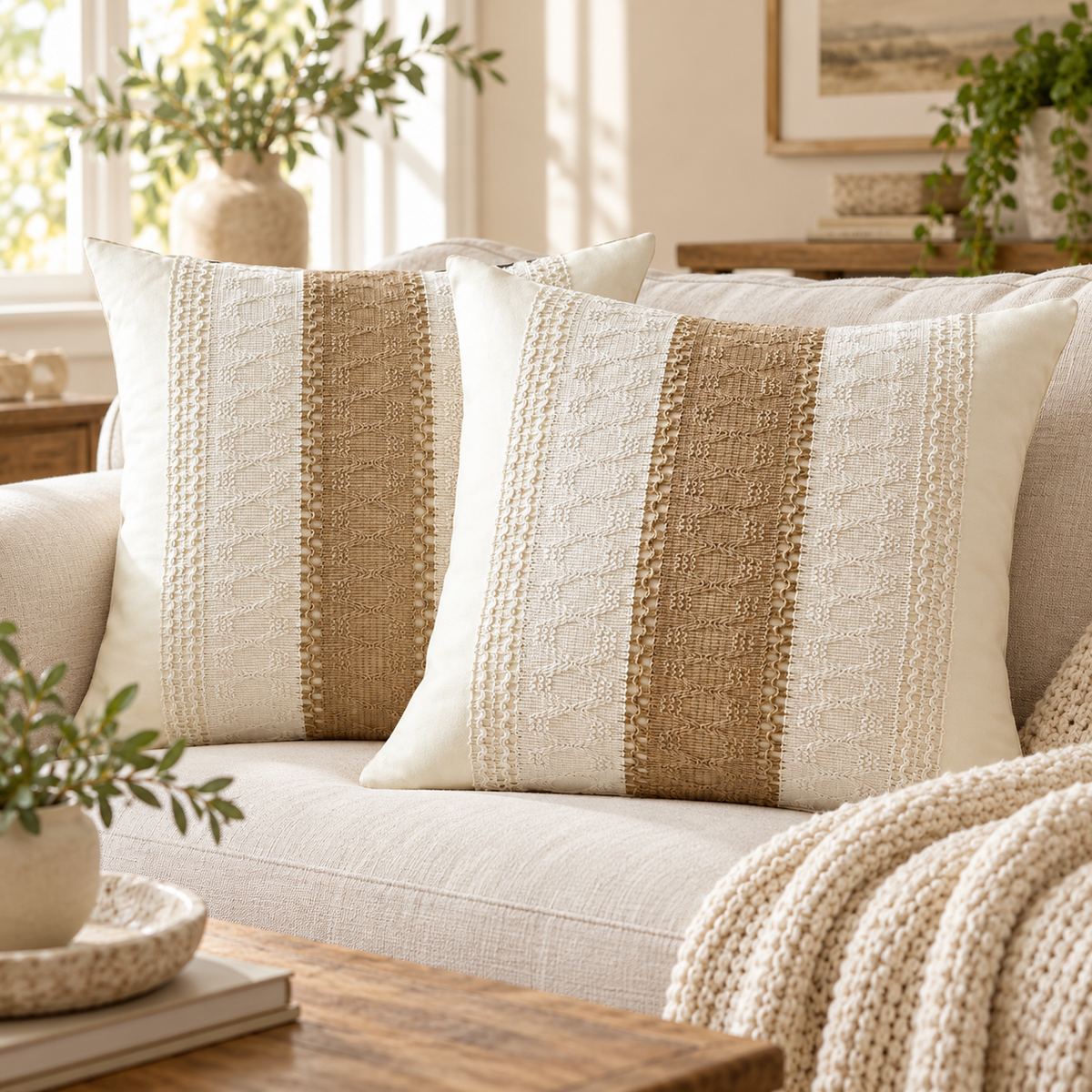 Textured Neutral Woven Stripe Decorative Throw Pillow