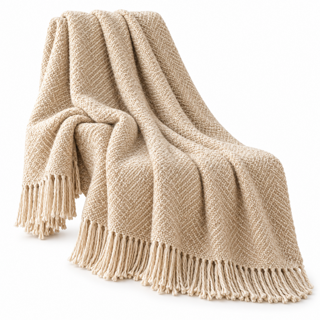 Textured Cream Woven Fringe Throw Blanket