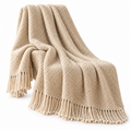 Textured Cream Woven Fringe Throw Blanket
