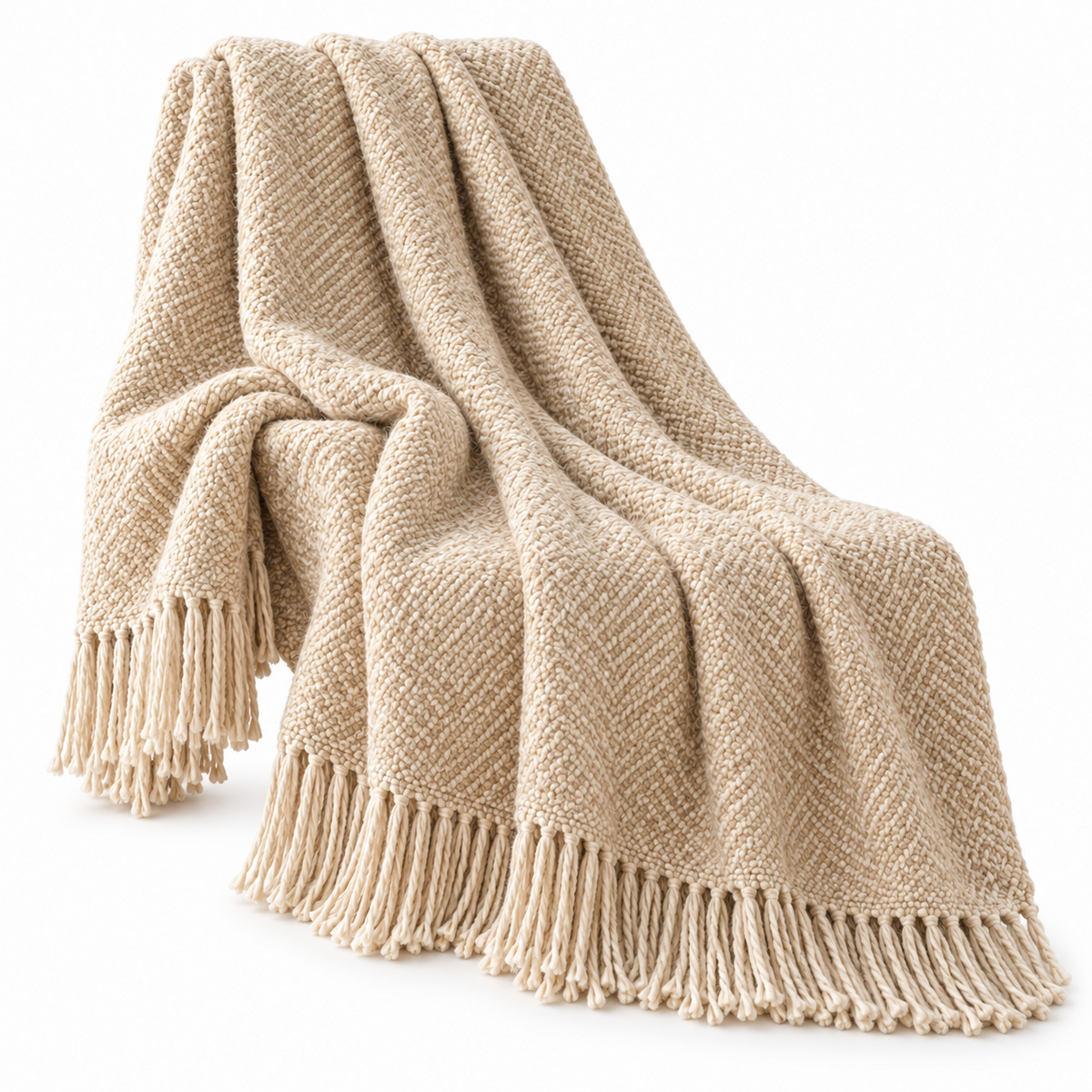 Textured Cream Woven Fringe Throw Blanket