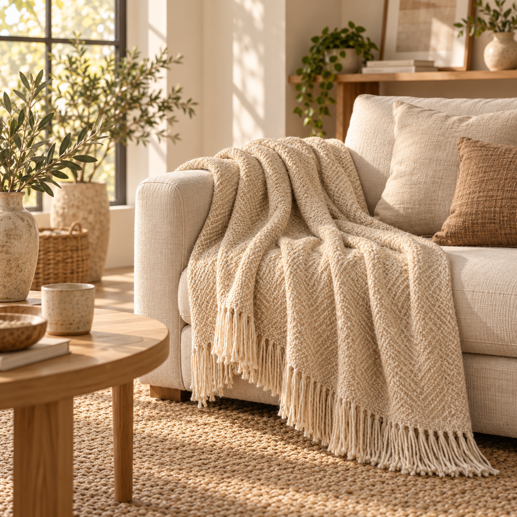 Textured Cream Woven Fringe Throw Blanket