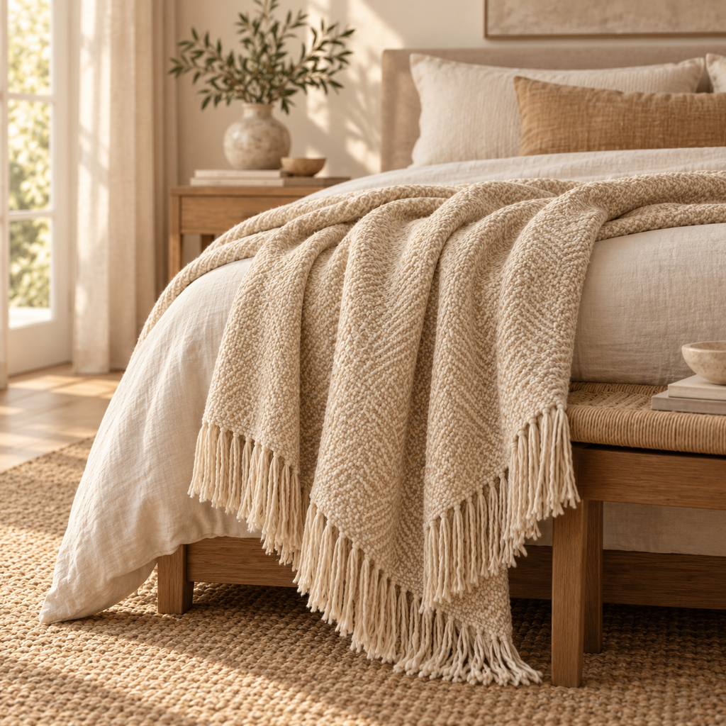 Textured Cream Woven Fringe Throw Blanket