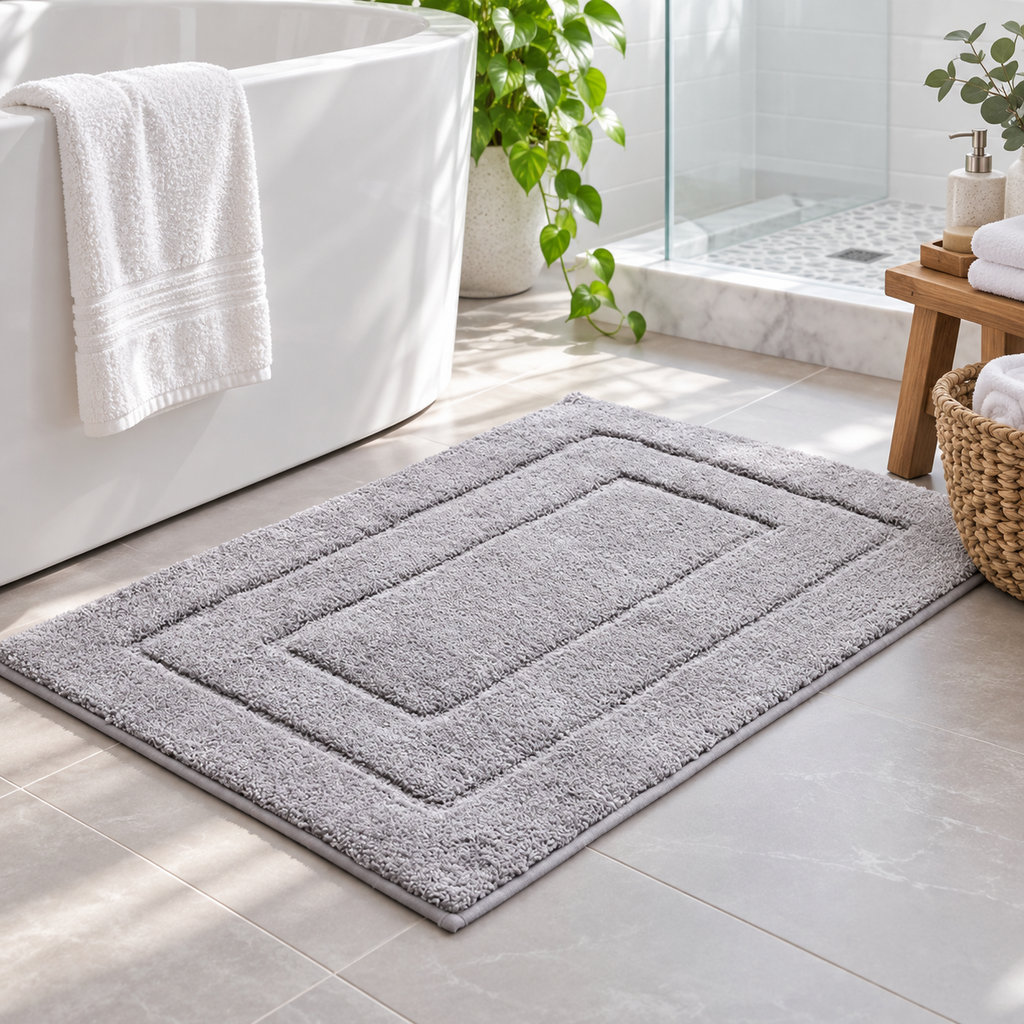 Light Gray Plush Geometric Border Bath Mat