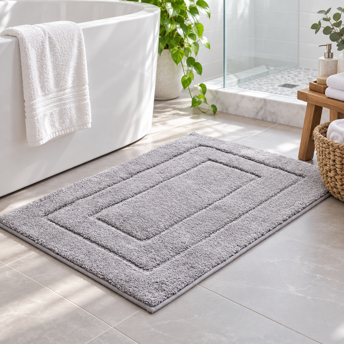 Light Gray Plush Geometric Border Bath Mat