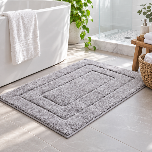 Light Gray Plush Geometric Border Bath Mat