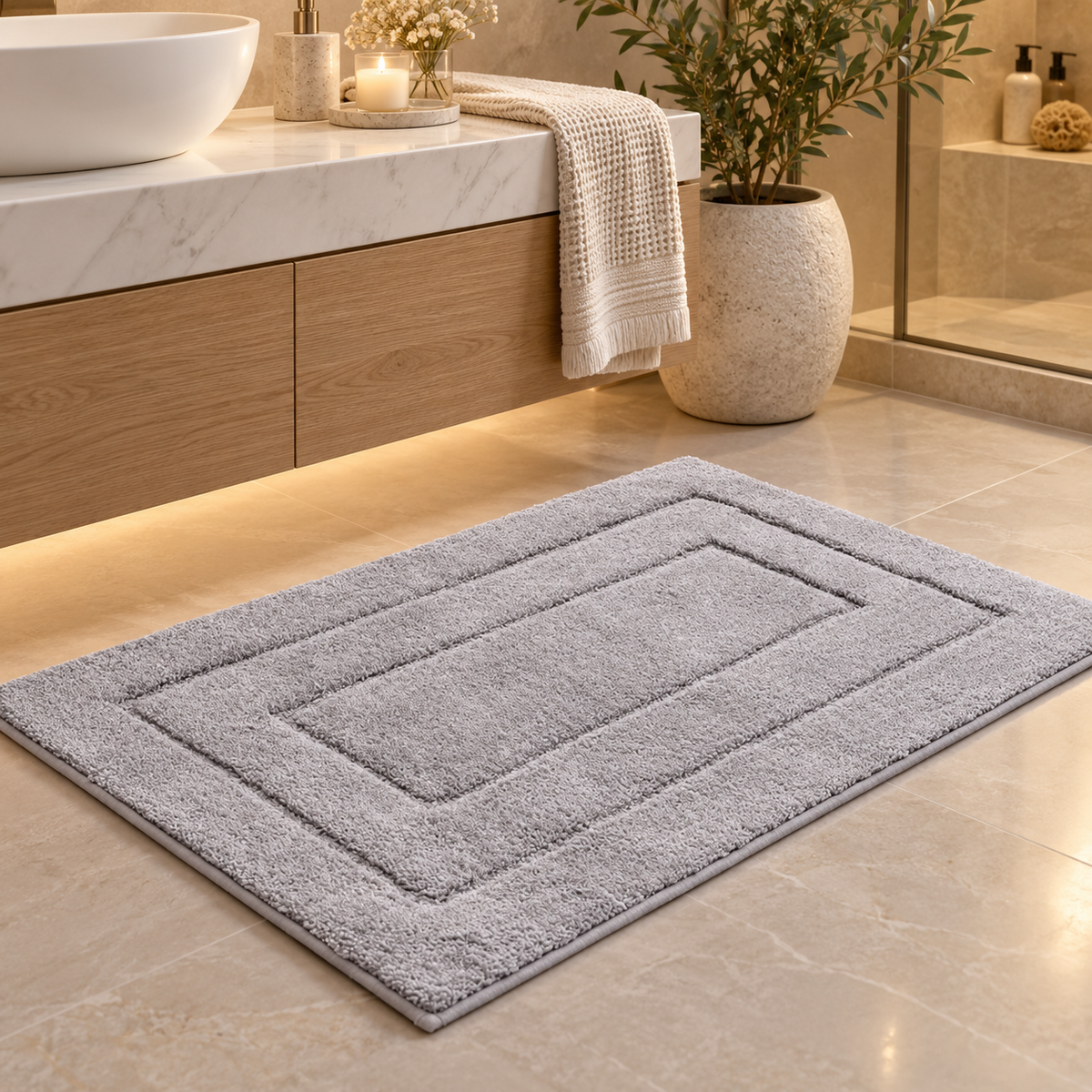 Light Gray Plush Geometric Border Bath Mat