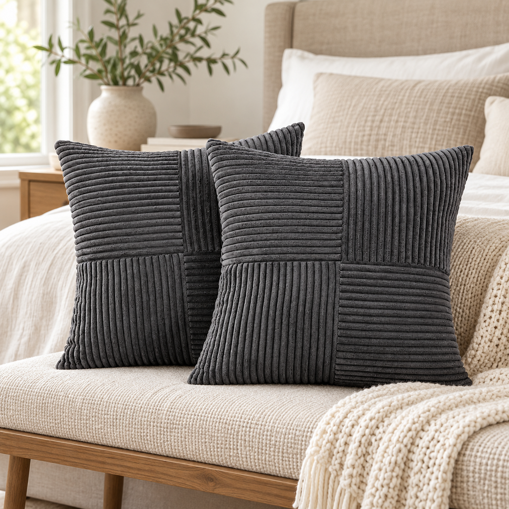 Charcoal Corduroy Patchwork Decorative Throw Pillow