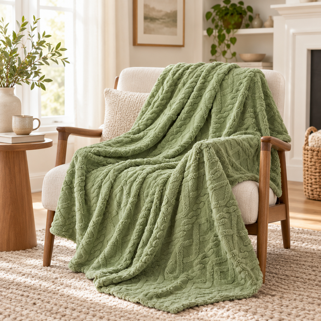 Sage Green Textured Cable Pattern Throw Blanket