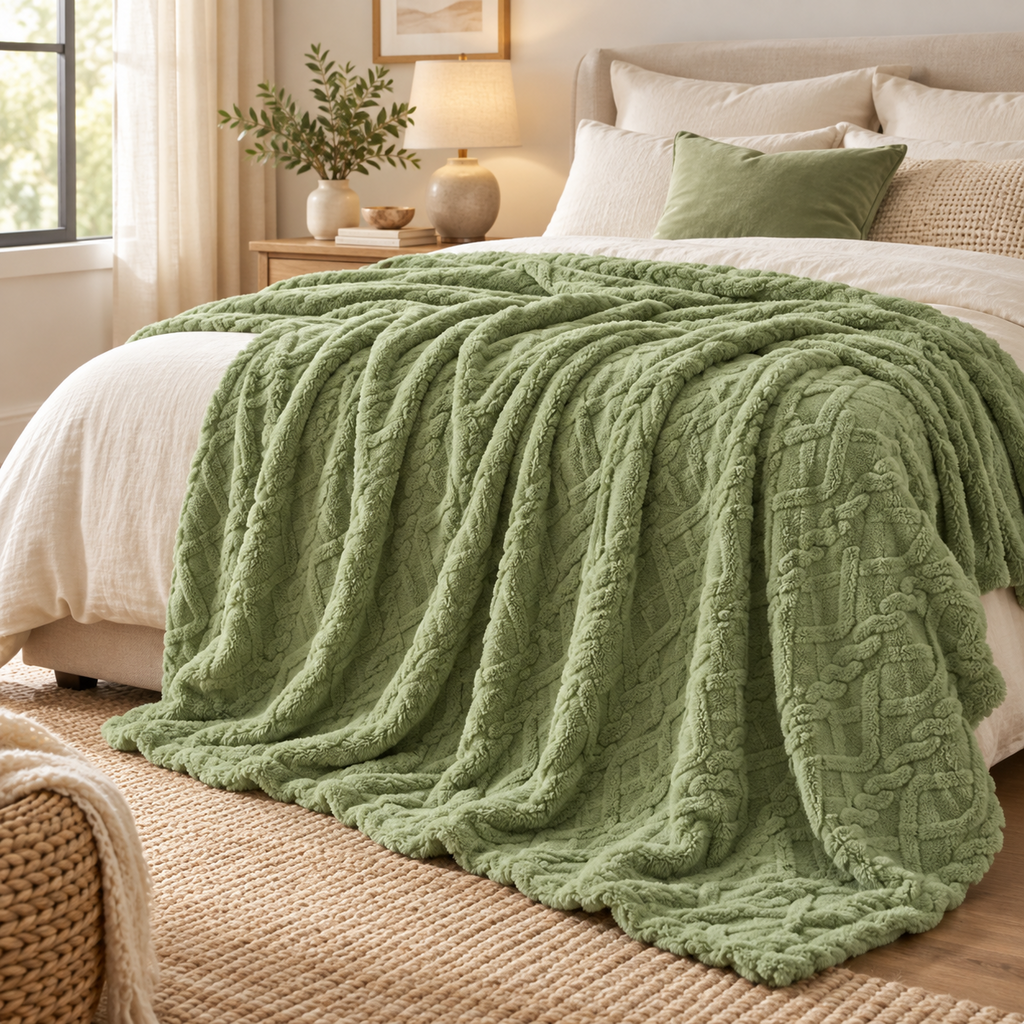 Sage Green Textured Cable Pattern Throw Blanket